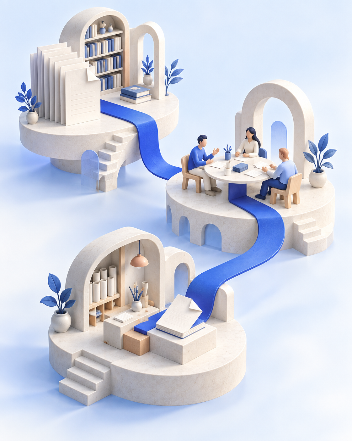 An original Dewany illustration connecting company knowledge, a collaborating team, and completed work with a continuous blue path